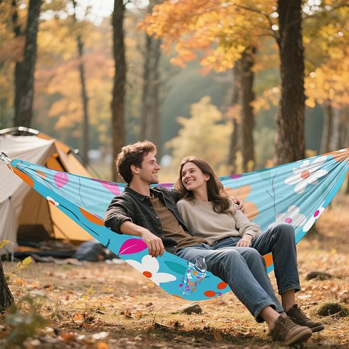 Blue Background Colorful Flowers 330lb Capacity Outdoor Hammocks with Tree Straps Cloth Hammock for Camping & Hiking Essential soporte para hamacas para adultos