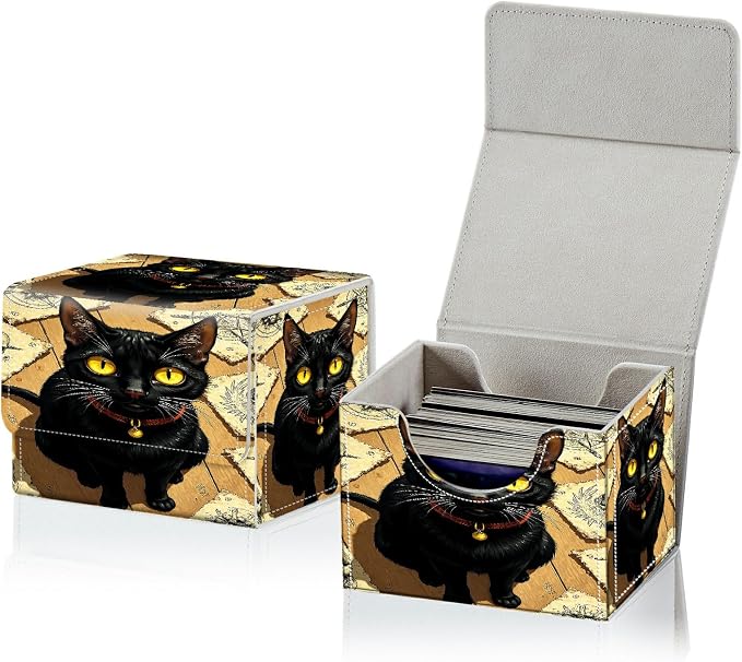 Card Deck Box for MTG, Cards Storage Box Fits 120+ Sleeved, Leather Small Size Strong Magnetic Closing Card Case for Board Games Magic TCG CCG Baseball Collection, Yellow Eyed Cat