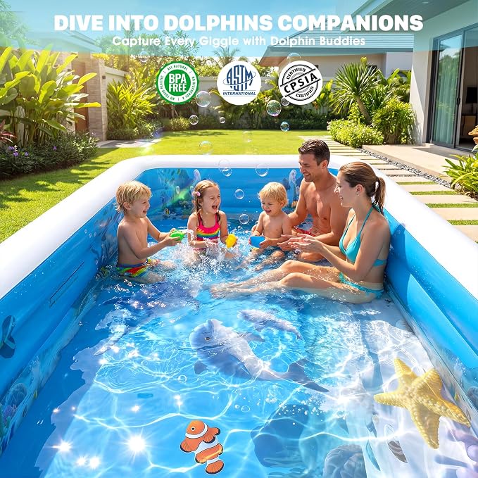Extra Large Inflatable Pool with Lights,Upgraded Solar Powered Blow Up Pool for Adults,Inflatable Kids Swimming Pool with Seat& Backrest,Big Inflatable Kids Pool for Backyard,119x72x19IN