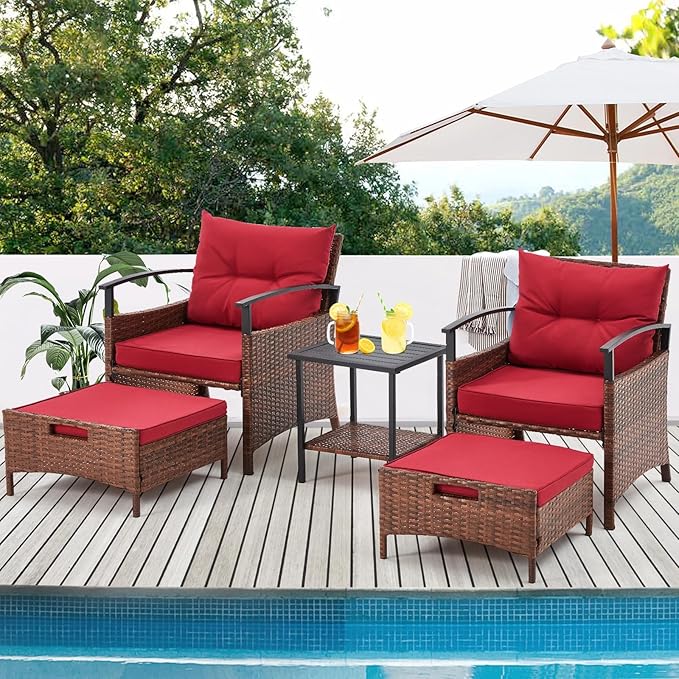 AVAWING 5 Pieces Patio Furniture Set, Outdoor Rattan Chairs with Metal Coffee Table, Ottomans & Soft Cushions, Wicker Conversation Bistro Set for Garden, Porch, Deck, Balcony (Red)