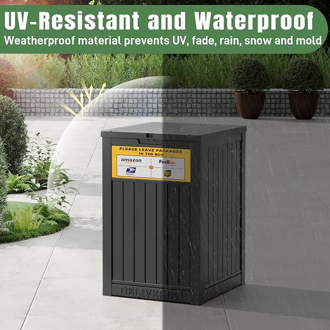 NUNU LAB Package Delivery Box for Outside, 48 Gallon Storage Deck Box with Lockable Secure, Waterproof Large Resin Drop Boxes for Porch