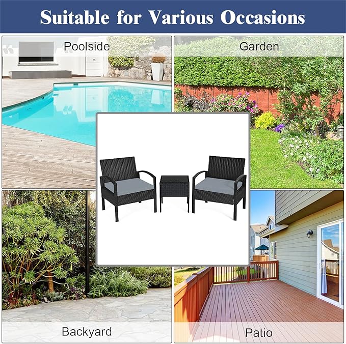 Tangkula 3 Piece Patio Conversation Set, Outdoor Rattan Sofa Set with Seat Cushions & Coffee Table, Patio Wicker Furniture Set for Garden Balcony Backyard Poolside (Grey)