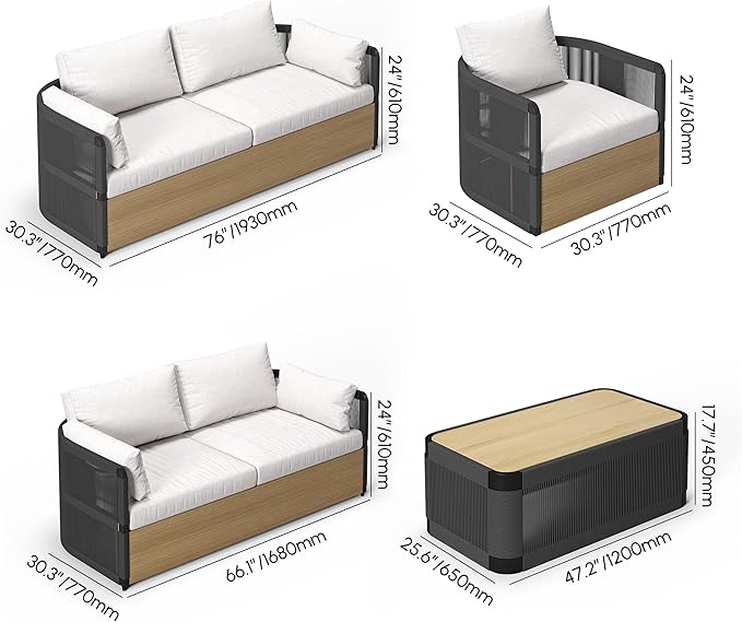 homary 4-Pieces Outdoor Sectional Sofa Set, Aluminum & Rope Patio Swivel Sofa Furniture for 6 with Coffee Table, Modern Outdoor Conversation Set for Gardens, Patios & Balconies