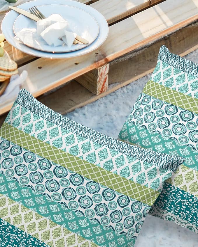 Outdoor Waterproof Throw Pillow Covers Set of 2 Teal Boho Stripe Tribal Vingtage Lumbar Pillowcases 26x26 Inch Green Bohemian Style Decorative Pillows Cushion Case Patio Pillows for Couch Bed Garden