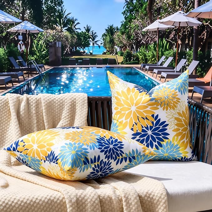 Dahlia Throw Pillow Covers 20×20 Inch Set of 2 Yellow and Blue Spring Summer Decorative Throw Pillow Cases Outdoor Pillows Waterproof Cushion Covers for Living Room Bedroom Garden Patio