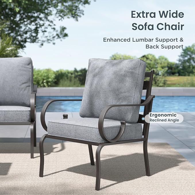 PHI VILLA Patio Furniture Set, 1 Loveseat, 3-Seater Sofa, 2 Fixed Chairs and 1 Coffee Table, Outdoor Metal Conversation Set with 5.75" Extra Thick Cushion for Garden Backyard Deck, Grey