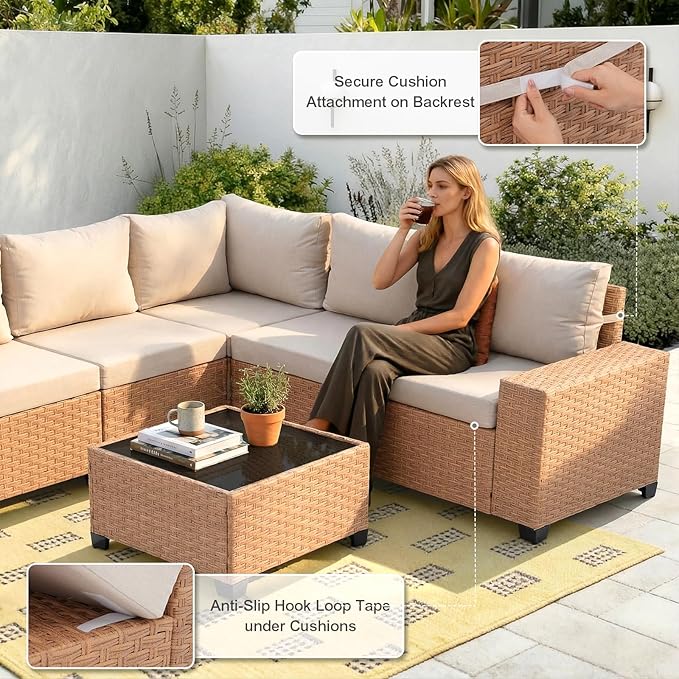 SUNSITT 6-Piece Patio Furniture Set, Outdoor Wicker Modular Sectional Sofa with 7.7-inch Wide Armrests & Thick Comfy Cushions, Glass Top Coffee Table, Rattan Conversation Set, Natural Color