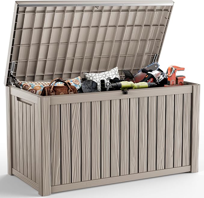 230 Gallon Outdoor Deck Box, Resin Waterproof Storage Box With Lockable Lid, UV-Resistant Multi-Purpose Outdoor Storage Bench for Patio Cushions, Garden Tools, Pool Accessories (Grey)