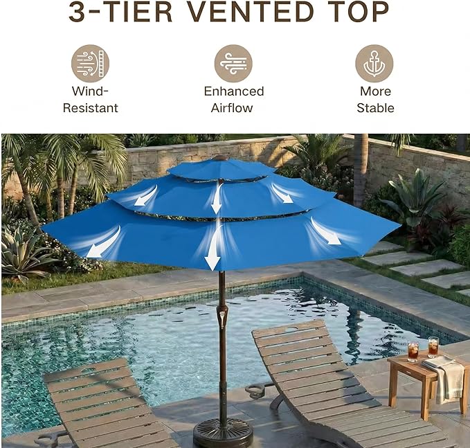 Kingdura 9ft 3-Tier Patio Umbrella, Outdoor Table Umbrella with Easy Crank & Tilt, 8 Reinforced Ribs, UV Protection for Deck, Pool, Market, Backyard (Royal blue)