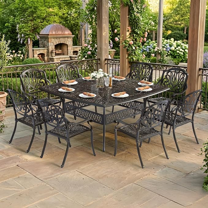 VIVIJASON 9-Piece Outdoor Furniture Dining Set for 8, All-Weather Cast Aluminum Patio Table and Chairs Set with 8 Chairs, 64" Large Square Dining Table and 2.2" Umbrella Hole for Patio Deck Garden