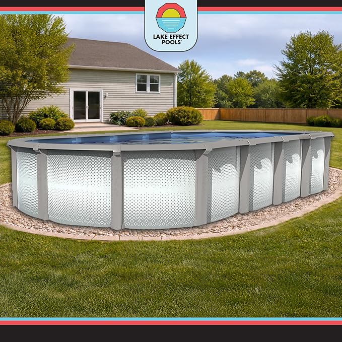 Lake Effect Pools 'Grand Cayman' 12 ft x 24 ft Oval Above Ground Swimming Pool | 52 Inch Strong Extruded Resin Components | Bundle Includes: 25 Gauge Overlap Liner & Widemouth Skimmer