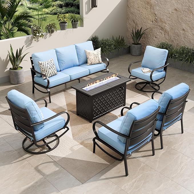 PHI VILLA Patio Furniture Set with Fire Pit Table, 1 3-Seat Patio Sofa, 2 Swivel Chair, 2 Leg Chair, 1 Fire Pit Table, 5.75" Thick Cushioned Outdoor Conversation Set for Deck Backyard Lawn, Light Blue