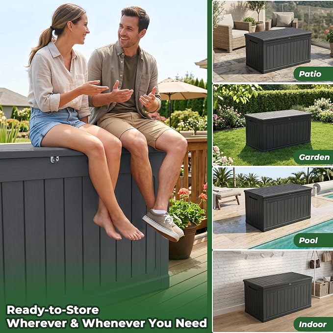 270 Gallon Deck Box, Lockable Waterproof Storage Box, Outdoor Storage Bin for Package Delivery, Patio Cushions, Gardening Tools，Pool Accessories and Sports Equipment (Black,270 Gallon)