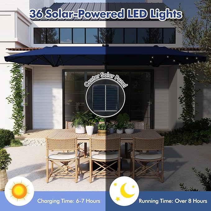 HAPPYGRILL Double-Sided Patio Umbrella with Solar Lights, 13FT Large Umbrella with Base Included, Crank Handle, Market Twin Table Umbrella for Outdoor Backyard Garden Poolside
