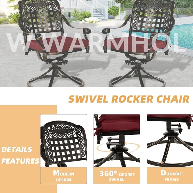 9-Piece Patio Dining Set, Outdoor Patio Table and Chair Set of 84” Oval Cast Aluminum Dining Table with Umbrella Hole, 6 Stationary, 2 Swivel Rocker Chairs, Patio Funiture Set, Red