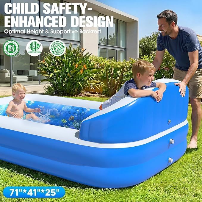 2026 Inflatable Pool with Sprinkler,Durable Blow up Pool with Big Backrest, Rectangle Kid Pool Backyard,Children Swimming Pool,Small Inflatable Kiddie Pool,Outdoor Water Pool for Kid71×41×25IN