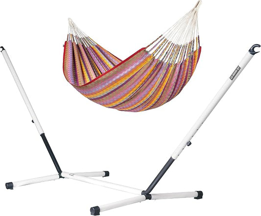 LA SIESTA® Flora Classic Cotton Hammock & Steel Stand - Indoor Outdoor Hammock with Stand - Portable Hammock Stand for Outside, Patio Hammock with Stand - Max 440 Lbs, Extra Large King, Flowers
