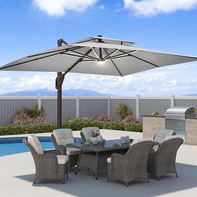 10x13 FT Patio Umbrella with Weighted Base and LED Lights Cantilever Outdoor Large Heavy Duty Rectangle Aluminum Offset Umbrellas Double Top 360 Rotation for Pool Deck Garden, Fog grey