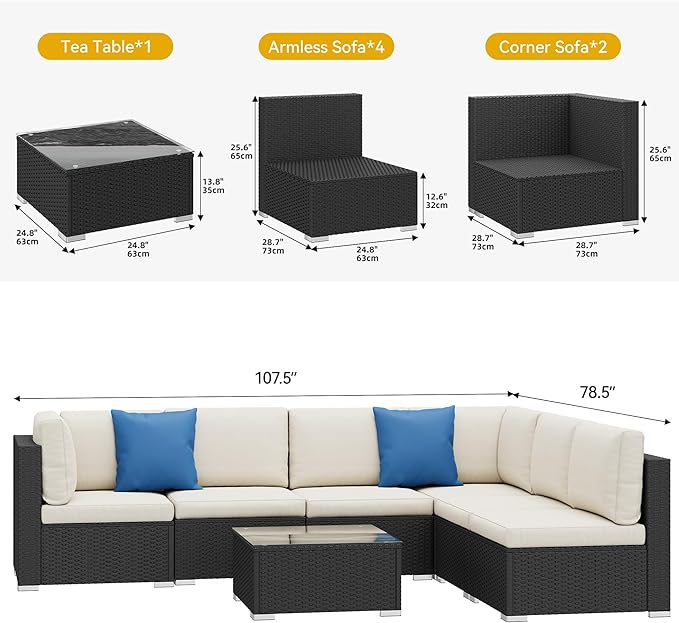 DWVO 7-Piece Patio Furniture Set, All-Weather PE Rattan Wicker Outdoor Sectional Sofa with Soft Cushions & Coffee Table, Patio Conversation Set for Backyard, Garden, Porch, Balcony (Beige+Black)