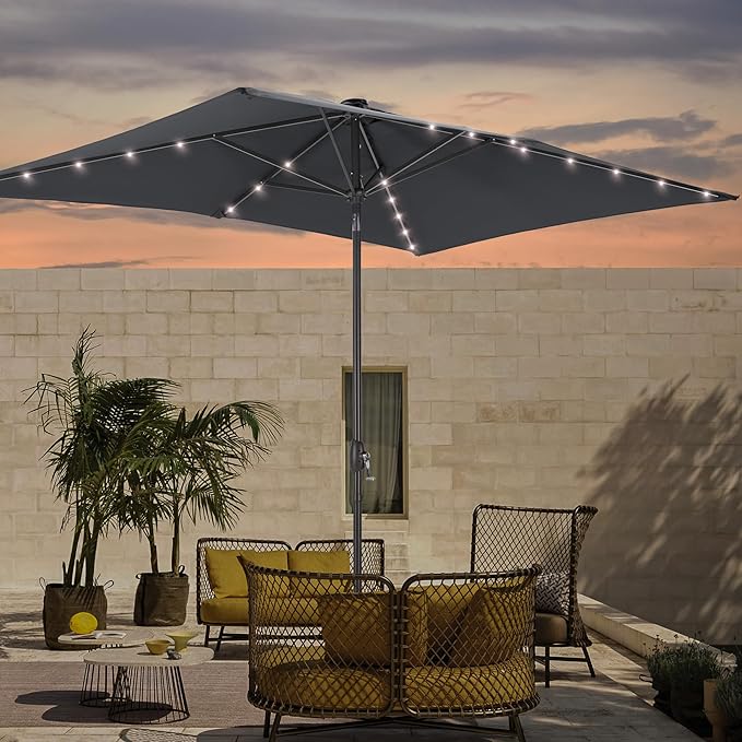 Rectangle Patio Umbrella with Solar Lights, 6x9ft Outdoor Rectangular Table Market Umbrella Patio with Push Button Tilt and Crank for Pool, Deck, Garden,Backyard