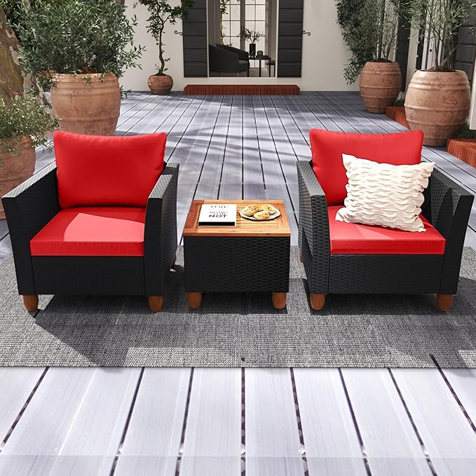 HAPPYGRILL 3 Pieces Patio Conversation Set with Storage Coffee Table, PE Rattan Wicker Furniture Set with Cushions, Outdoor Acacia Wood Sofa Furniture Set for Balcony Backyard Porch Garden