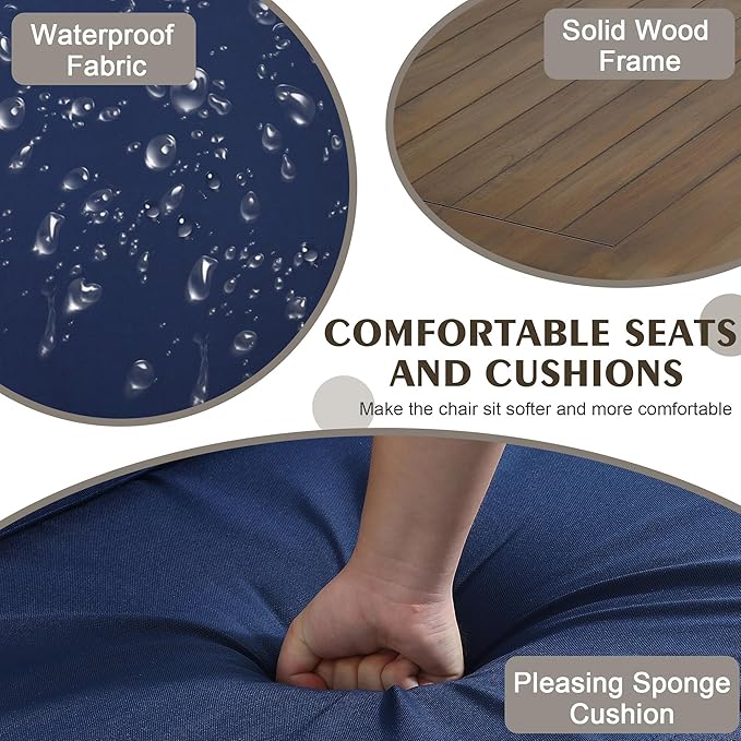 UIXE Wood Patio Furniture Sets, 3 Pieces All Weather Patio Loveseat Sofa Outdoor Sectional Futniture Backyard Conversation Set with Solid Wooden Coffee Table - Navy Blue