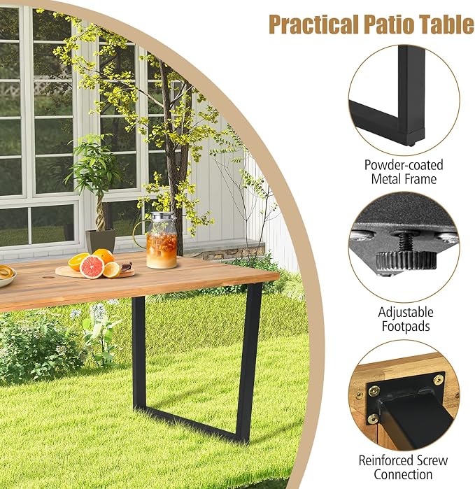 Tangkula 69-Inch Acacia Wood Patio Dining Table for 6, Rectangle Outdoor Table with 2" Umbrella Hole & Metal Legs, 6-Person Indoor Outdoor Table for Dining Room, Backyard, Garden, Lawn, Yard