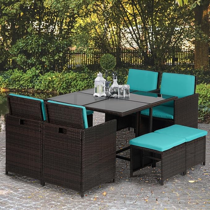 9 Pieces Outdoor Dining Set Patio Table and Chairs Set Space Saving Outdoor Dining Table Set Rattan Patio Furniture Set with Dining Table 4 Chairs 4 Ottomans Cushion for Patio Backyard Poolside, Blue