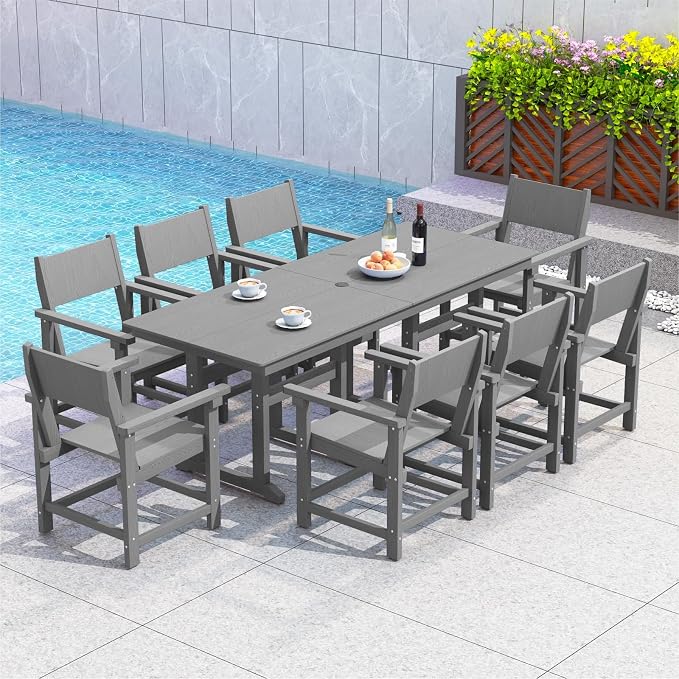 9-Piece HDPE Outdoor Patio Dining Set,Outdoor Table and Chairs,Modern Plastic Dining Sets with Umbrella Hole Cut-Out Table and 8 Chairs Gray