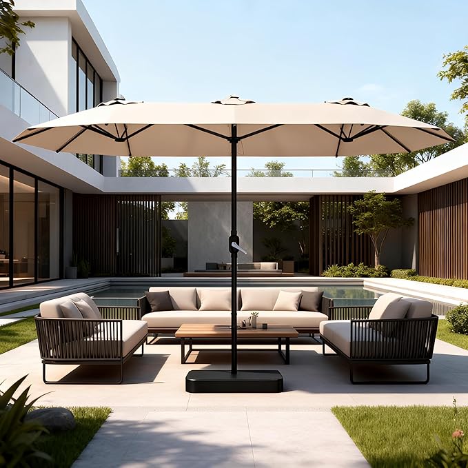 15ft Large Patio Umbrellas with Base Included, Outdoor Double-Sided Rectangle Market Umbrella with Stand, Outside Umbrellas for Poolside Lawn Backyard