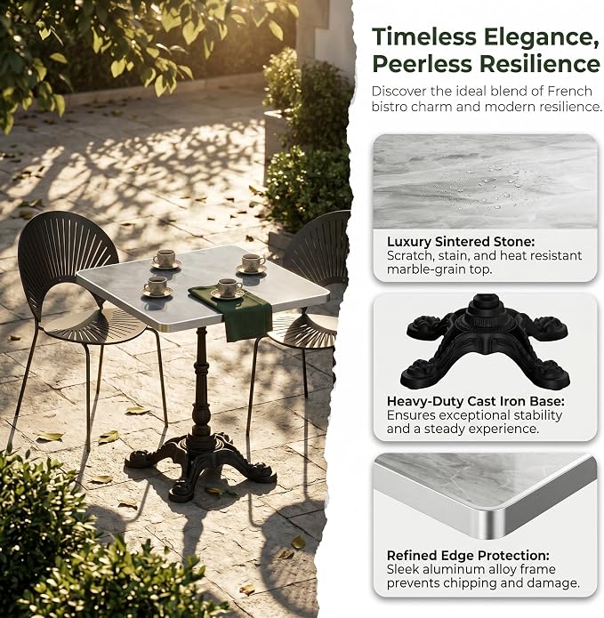 SSLine 31.5" Square Sintered Stone Dining Table, Grey Marble Top Bistro Table with Heavy-Duty Cast Iron Base, Waterproof Tulip Table for 2-4 Person,Indoor/Outdoor Use for Patio,Cafe,Restaurant