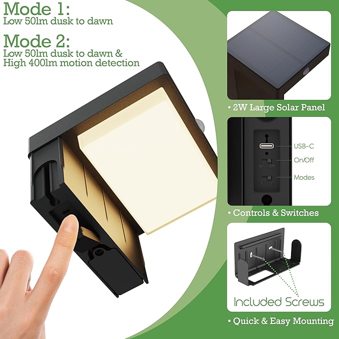 Square Solar Wall Lights - Solar Powered Wall Lamps - LED Lights - PIR Sensor & Two Lighting Modes - Rechargeable Battery Lasts Up to 55 Hours - 3000K - IP44 Weather Resistant - 2 Pack