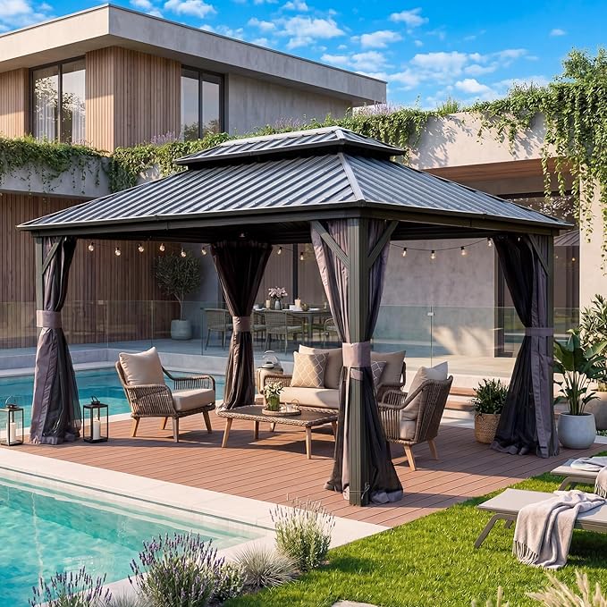 Domi Outdoor Hardtop Gazebo 10’x14’, Permanent Metal Gazebo for Patios with Aluminum Frame, Galvanized Steel Double Roof, Heavy Duty Curtains & Netting, Grey