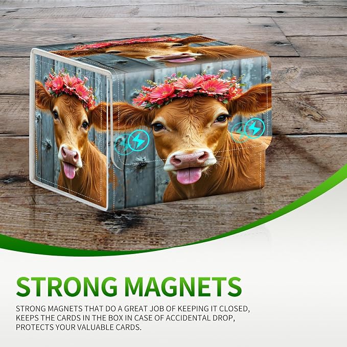 Card Deck Box for MTG, Cards Storage Box Fits 120+ Sleeved, Leather Small Size Strong Magnetic Closing Card Case for Board Games Magic TCG CCG Baseball Collection, Pink Flower Cow