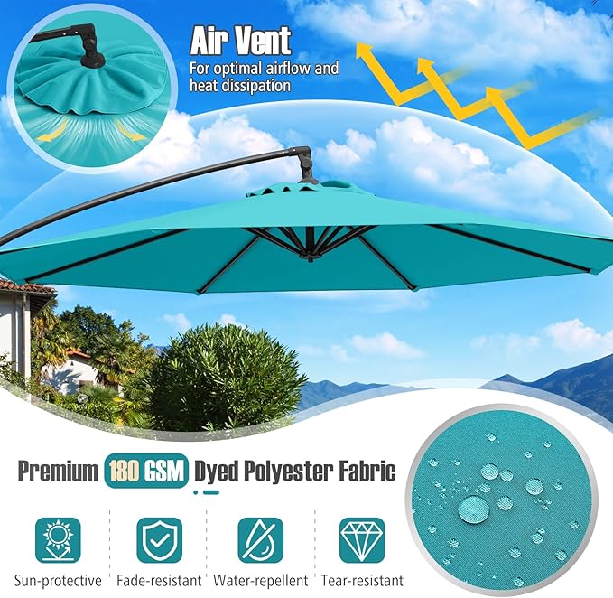 Tangkula 10ft Patio Umbrella with Base Included, Offset Cantilever Outdoor Umbrella with Infinite Tilt, 360 Degree Rotation, Crank Handle, Sun-Protective Canopy for Pool Deck Garden Backyard (Turquoise)
