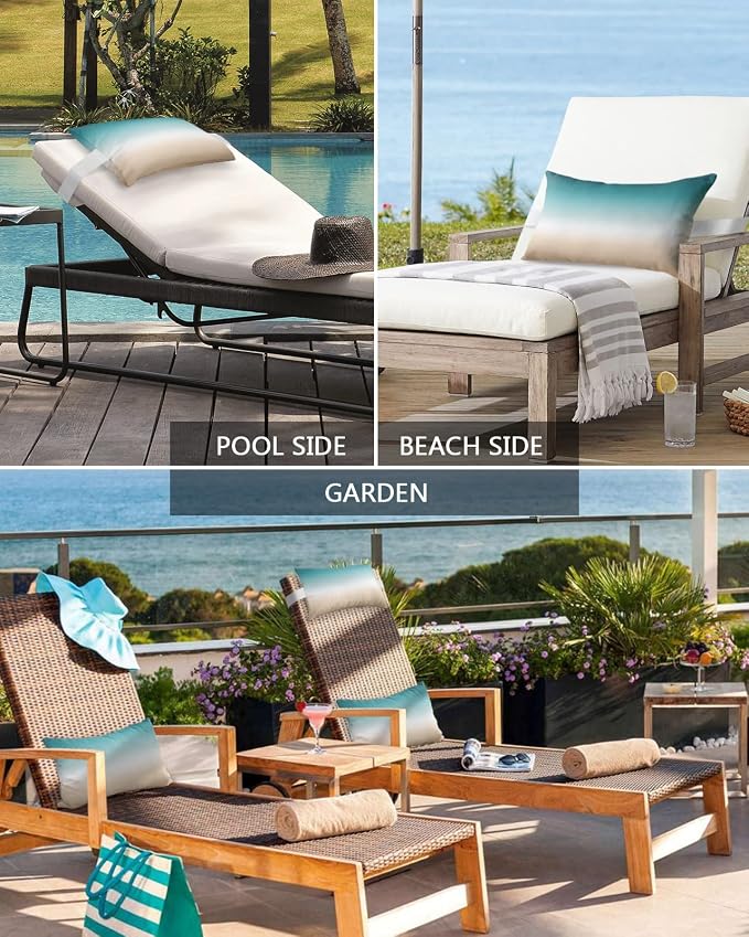 Outdoor Chaise Lounge Head Pillow, Ombre Color Throw Pillow Soft Lumbar Pillows with Elastic Straps and Insert, 1 Pack Headrest Cushion for Patio Pool Beach 11x16 Khaki and Aqua Painting