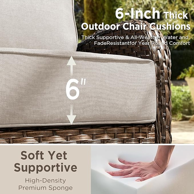 Luxury Outdoor Patio Furniture Set with 6-Inch Thick Cushions, 7 Pieces Wicker Outdoor Furniture with High Back Swivel Patio Chairs Set of 2, Outdoor Conversation Set for Deck Garden Porch, Beige