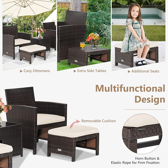 Tangkula 5 Pieces Wicker Patio Furniture Set with Waterproof Cover,Patiojoy Outdoor Cushioned Chairs and Ottoman Set with Single-Door Storage Coffee Table,Space-Saving