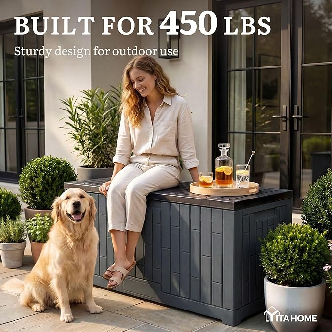 YITAHOME 120 Gallon Outdoor Storage Deck Box, Large Resin Patio Storage Box with Slide-Locking Lid, 53" L 2-Person Bench Seat for Outdoor Pillows, Garden Tools & Pool-Supplies, Waterproof (Dark Gray)
