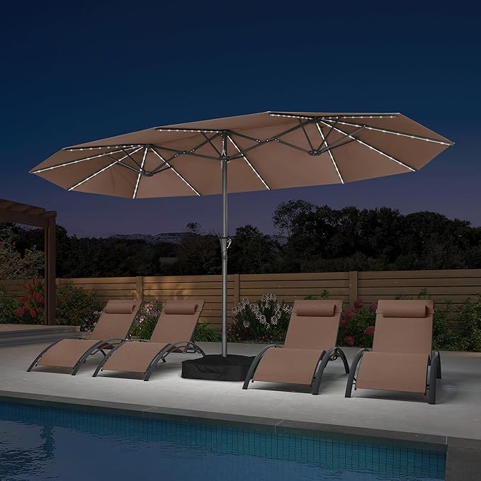 PURPLE LEAF 14ft Patio Umbrella with Solar Lights Outdoor Double-Sided Market Umbrella with Base Included Rectangle Table Umbrella for Pool Garden Backyard, Taupe