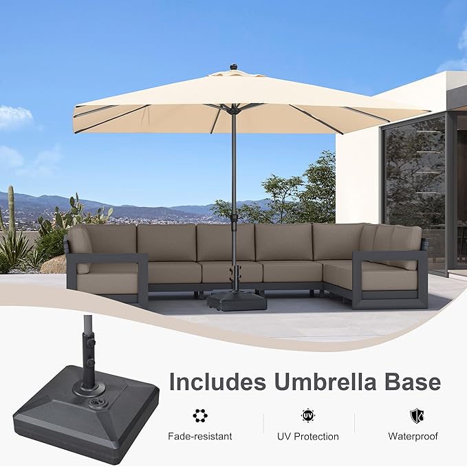 PURPLE LEAF 11.5' x 8' Rectangle Patio Market Umbrella with Base Outdoor Table Umbrellas Aluminum Frame Sun Shade with 8 Sturdy Ribs for Garden Deck Lawn Pool Beige