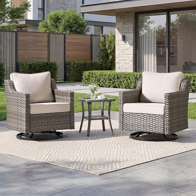 Luxury Patio Furniture sofa Set - 3 Pieces All Weather Wicker Outdoor Couch and High Back Swivel Rocker Patio Chairs with Glass coffee table for Deck Yard and Poolside Beige Cushions | Gray Wicker