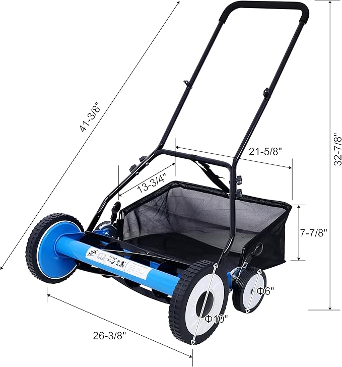16-Inch 5-Blade Push Reel Lawn Mower with Grass Catcher, 4 Wheels (Green)