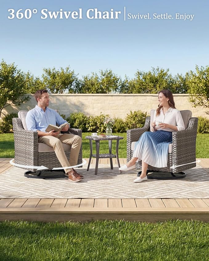 Outdoor Furniture Set of 9, Patio Sofa with Luxury 4" Cushion, Wicker Swivel Rocker Patio Chairs, and Fire Pit Table, High Back&Deep Seat for Garden Deck Porch Balcony Backyard - Beige