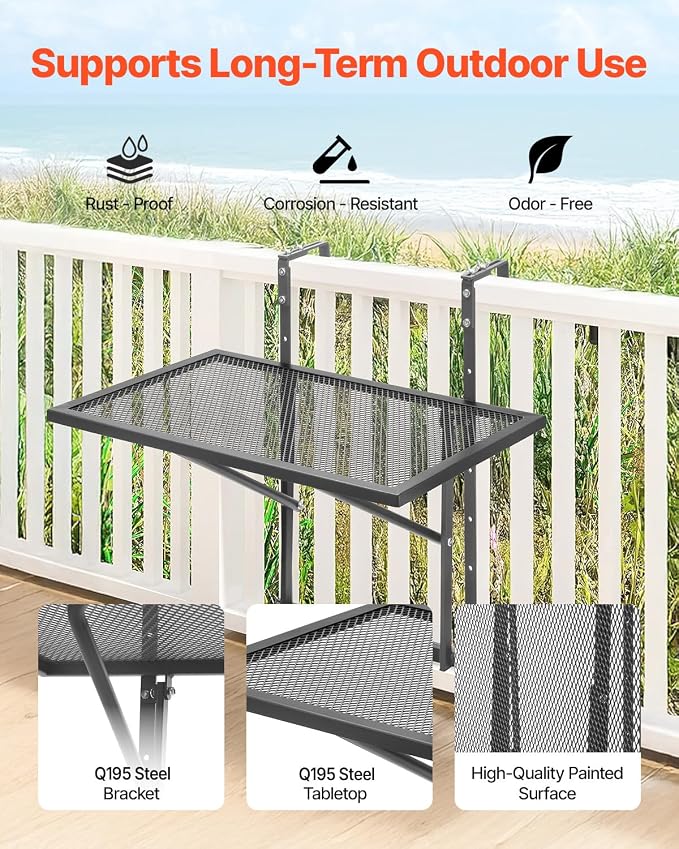 VEVOR Balcony Hanging Table, 24 x 16 inch Metal Folding Balcony Railing Table, 5-Level Adjustable, Fit Railing from 1" to 4.7", Serving for Outdoor Bar, Patio & Deck