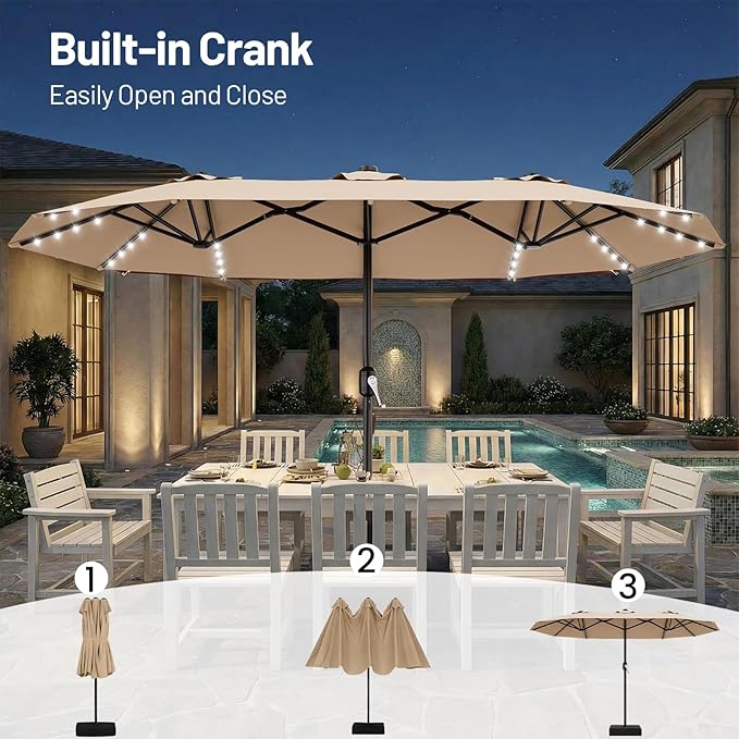 AreShark 13 FT Patio Umbrella with Solar Lights, Double-Sided Outdoor Table Umbrellas with Crank, Large Rectangular Market Umbrella for Porch, Lawn, Pool, Backyard, Beige