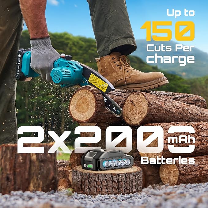 SEESII Mini Chainsaw 8 inch,Cordless Chainsaw w/ 2pcs 2000mAh Batteries,Oiler System & Replacement Chain,Handheld Chain Saw w/Safety Lock,Battery Powered Chain saw for Wood Tree Cutting,CH820+