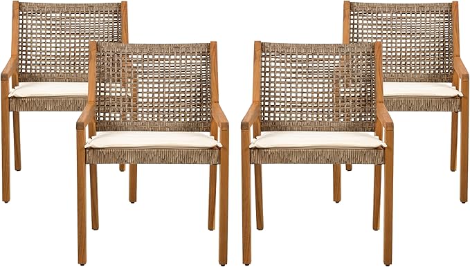 Christopher Knight Home Verle Wooden Patio Dining Set for 4, Acacia Wood Outdoor Dining Table Set for 4, 5 Piece Outdoor Dining Set with Round Table and Armchair with Seat Cushion, Teak+Beige