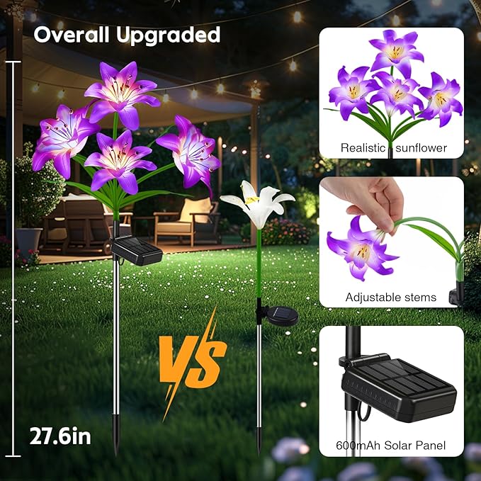 6 Pack Solar Flowers Outdoor Waterproof with Lily Solar Garden Lights for Outside for Yard Pathway Home Decor Enthousiasts, Gifts for Mother