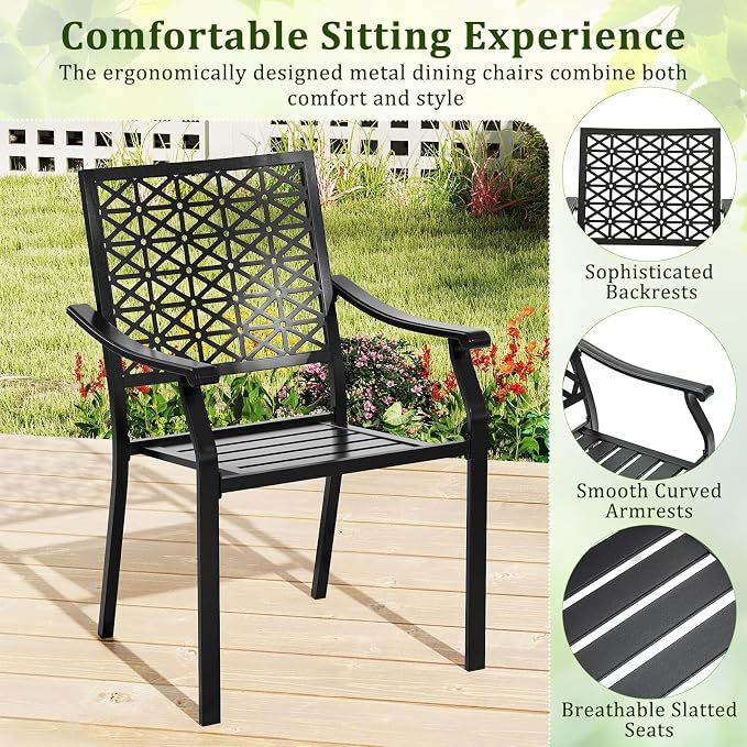 Tangkula 5 Pieces Metal Patio Dining Set, 37 Inches Square Dining Table with 4 Stackable Chairs, Slatted Table with Umbrella Hole, Outdoor Dining Furniture Set for Poolside, Deck, Backyard